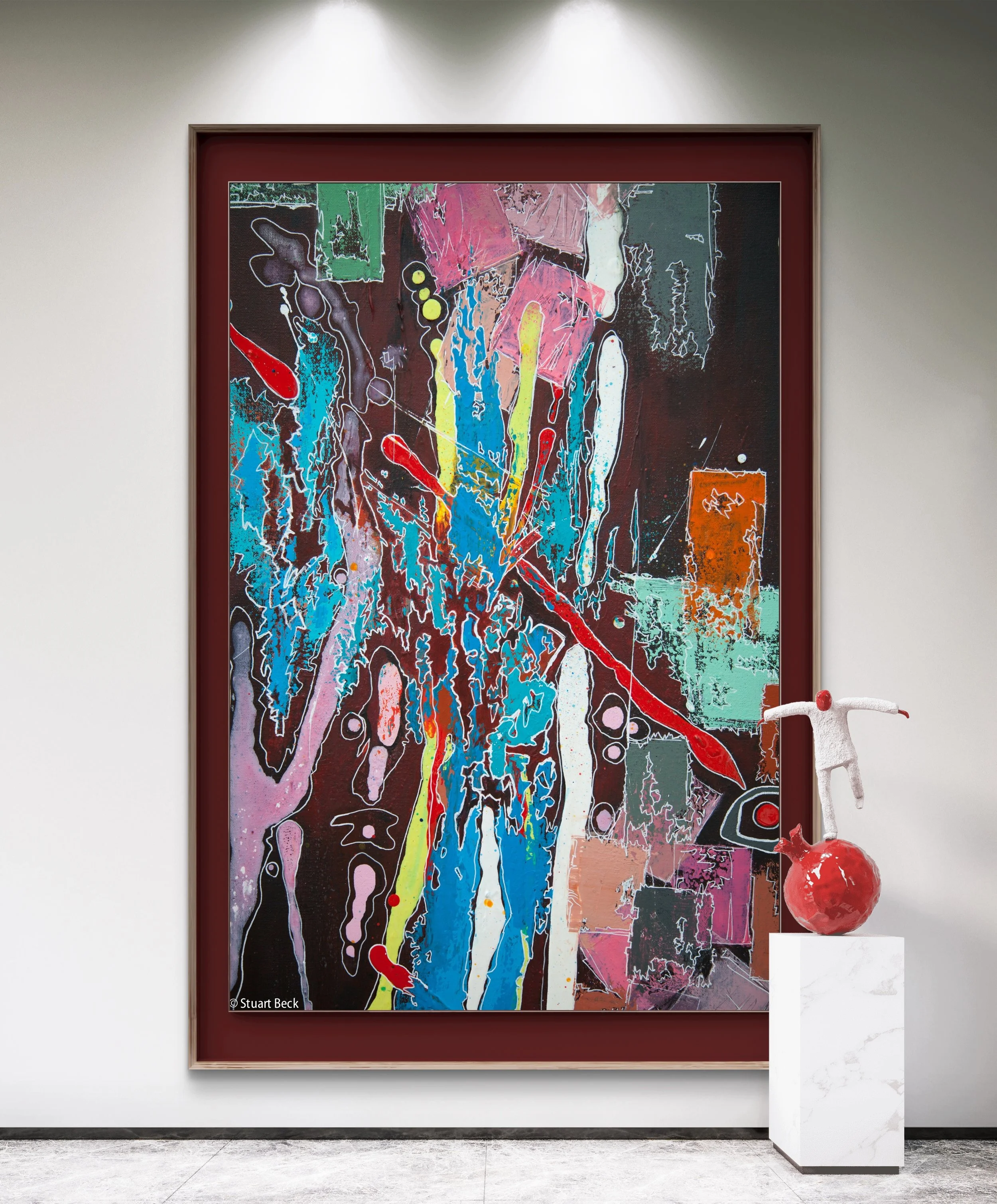 An abstract colorful painting with splashes and streaks of various colors and shapes, framed and displayed on a gallery wall, with a sculpture of a figure with outstretched arms and a round red base placed on a white pedestal.