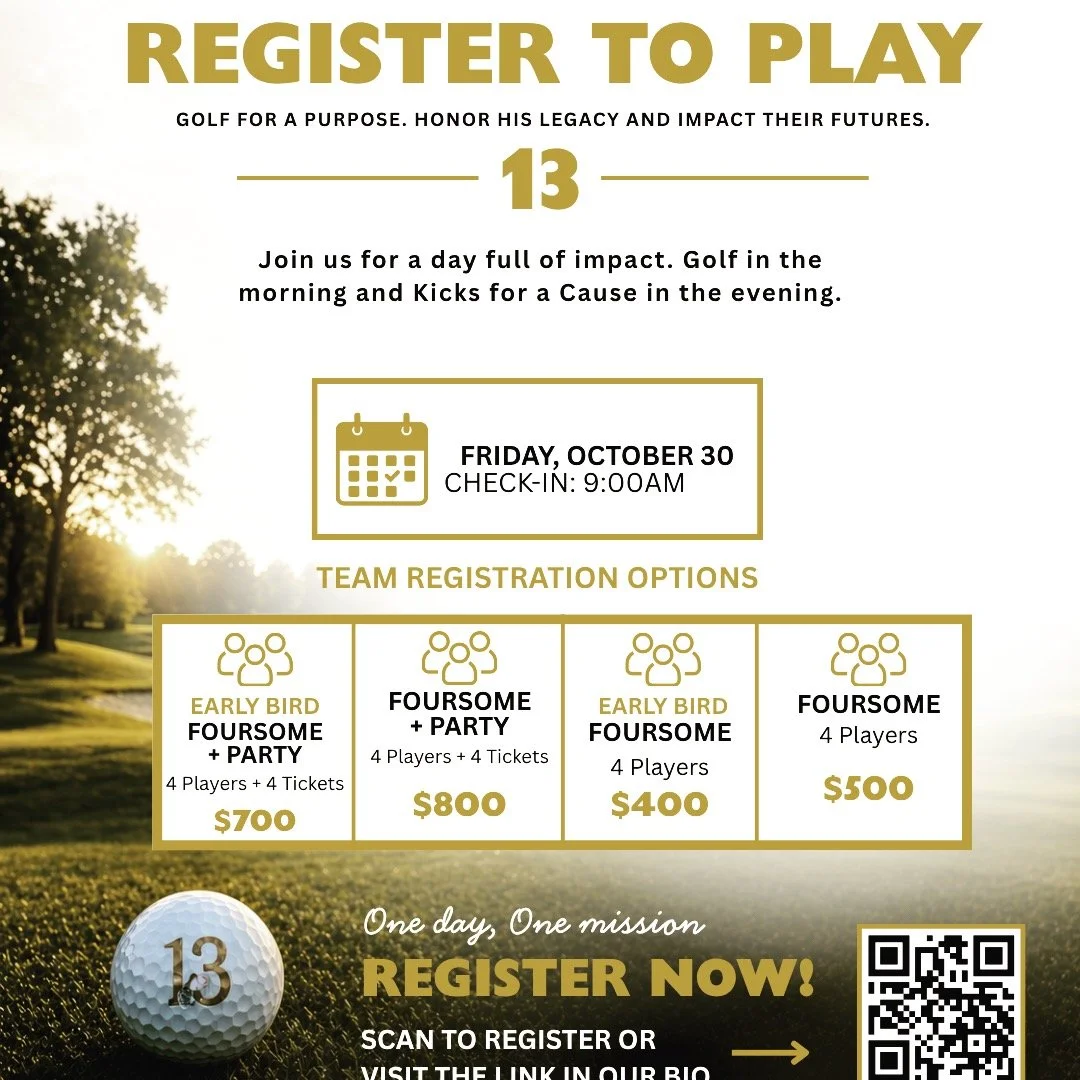 EARLY BIRD REGISTRATION IS OPEN for the 2nd Annual Goal 13 Golf Tournament on October 30!

Register during our Early Bird window and your name will automatically be entered into a special drawing! 

Winners will receive:
- A FREE mulligan package to 