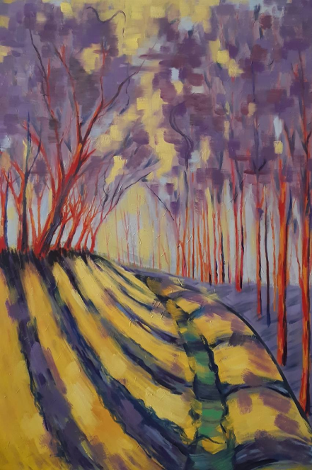 Abstrakte Komposition in Ölfarbe, die durch kräftige Pinselstriche und harmonische Farbkombinationen besticht.