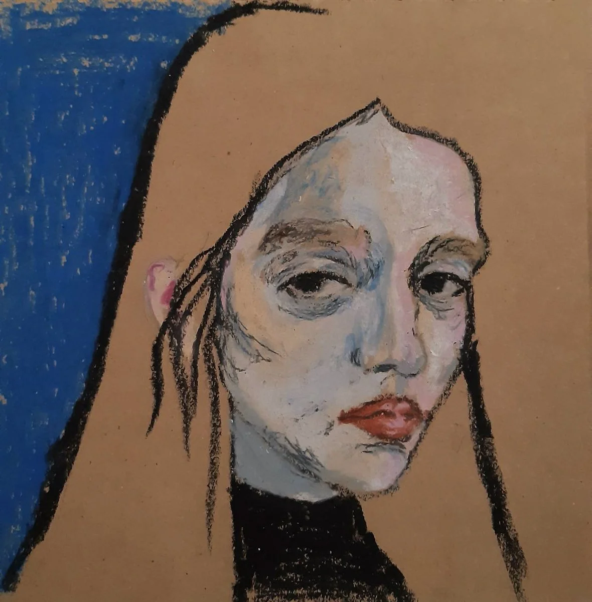 Experimental portrait in oil pastel technique, depicting intense emotions and character traits.