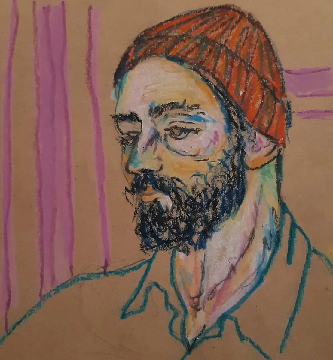 Artistic portrait with rough, color-rich oil pastel technique, capturing human expressions.