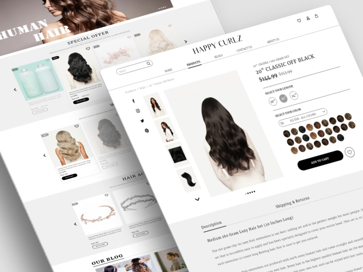 UI/UX design for a website focused on hair extensions and accessories, featuring engaging product displays and clear navigation.