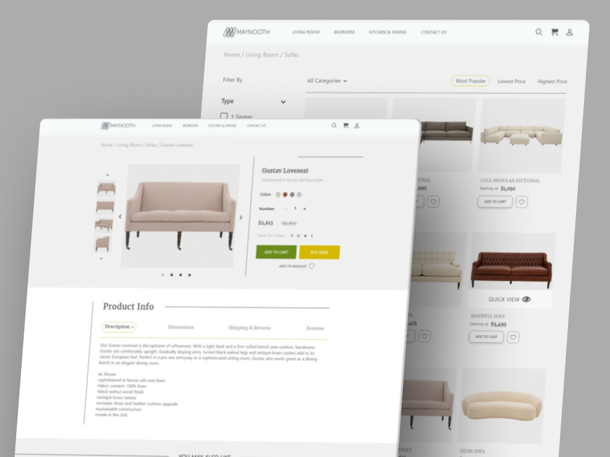 UI/UX design for a furniture website with detailed product views, filters, and an intuitive checkout flow.