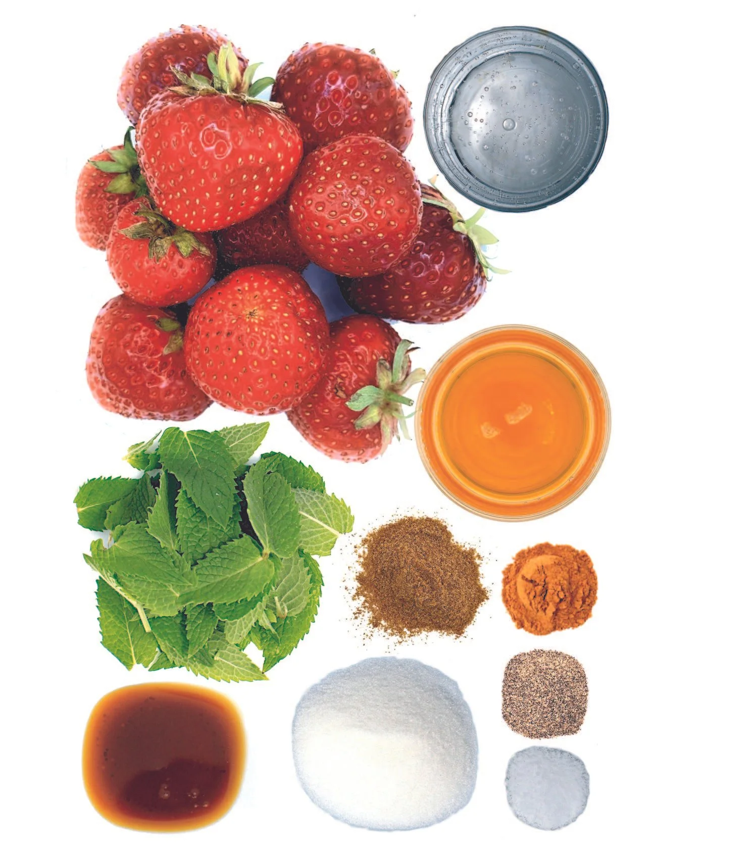Ingredients for making strawberry syrup, including fresh strawberries, mint leaves, honey, various spices and seasonings, sugar, and water. Uniquely delicious and perfect for summer entertaining