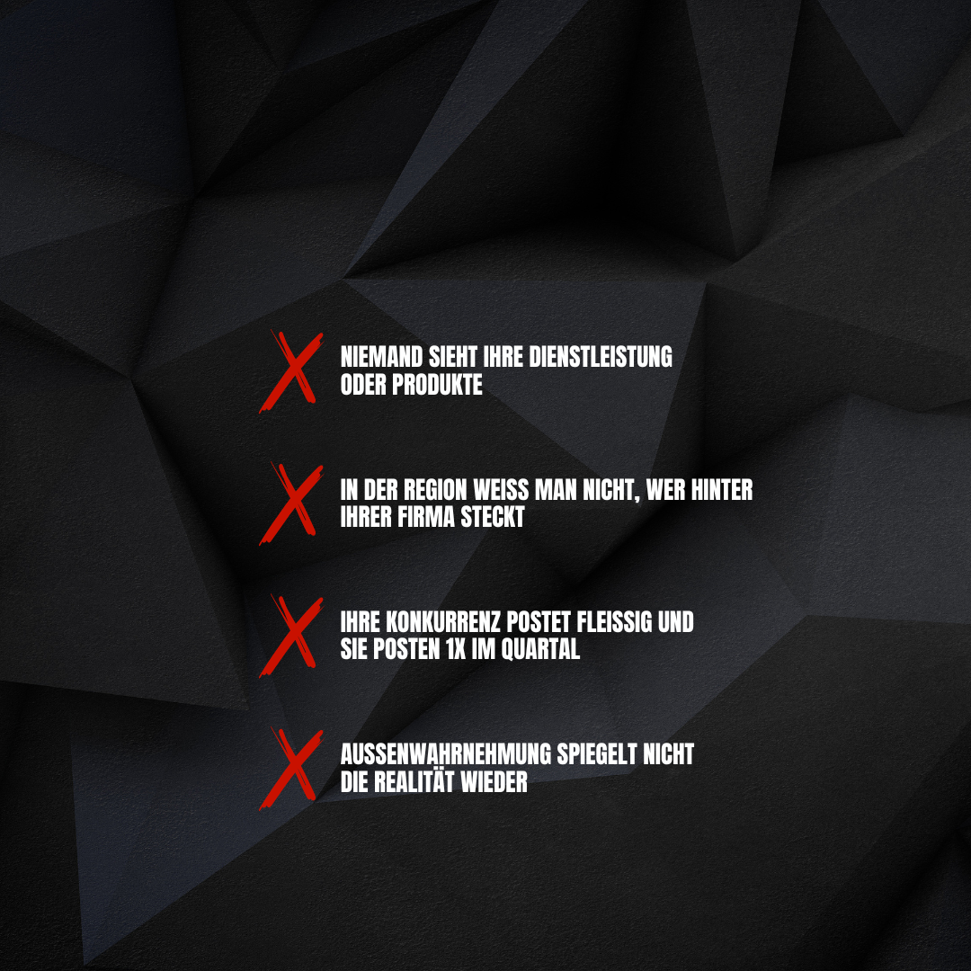 Liste mit vier Aussagen, jede mit rotem Kreuz, auf schwarzem geometrischem Hintergrund.