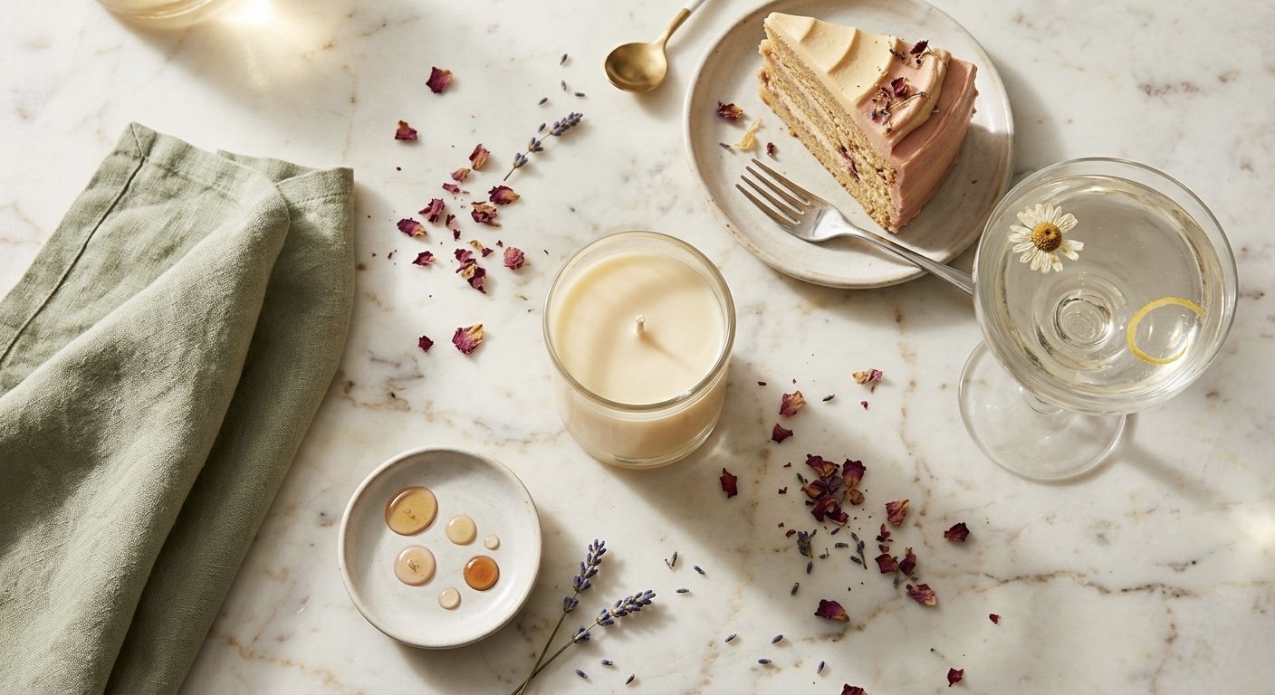 A marble surface with a green napkin, dried rose petals, lavender sprigs, a candle, a small plate with sauce droplets, a slice of layered cake with pink frosting and rose petals, a fork, and a glass of white wine with a flower