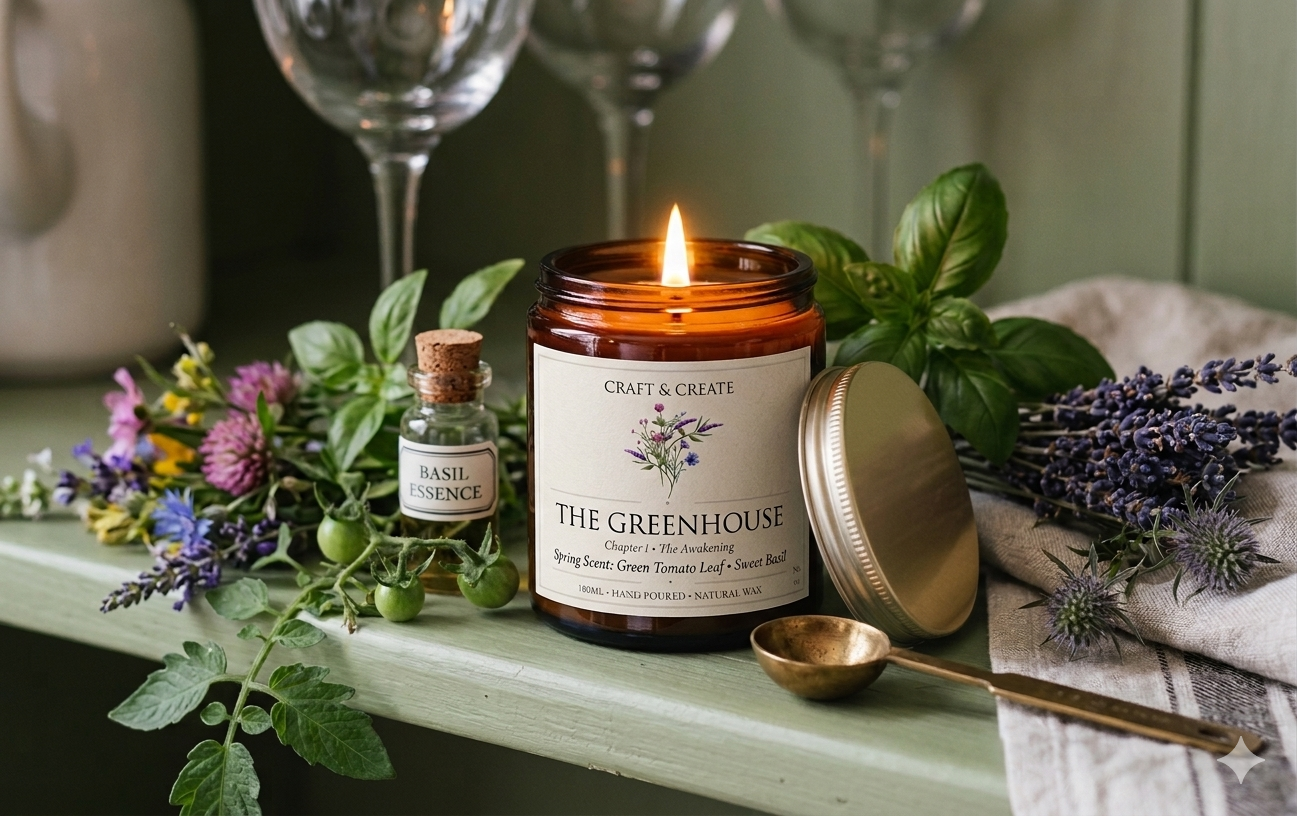 Handmade botanical candle called The Greenhouse sitting on a table amongst herbs and flowers