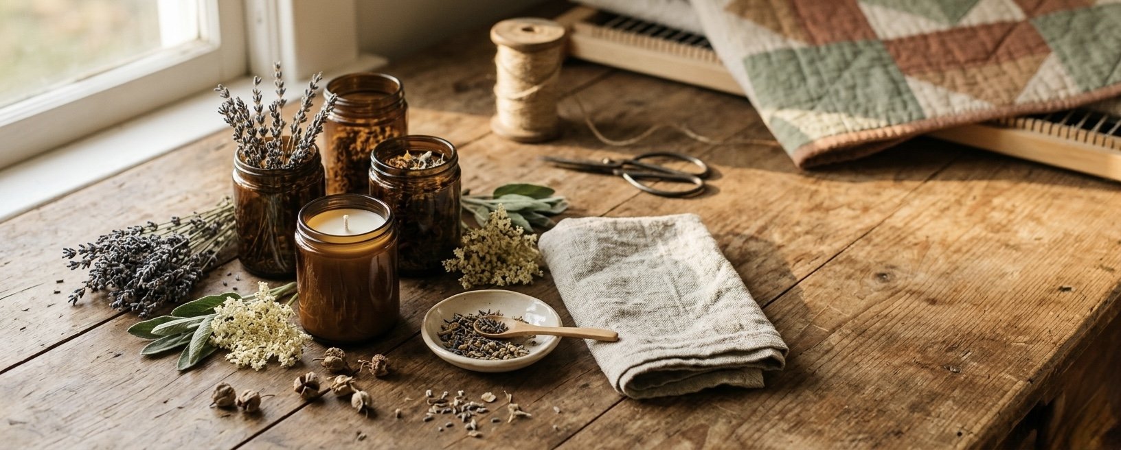 A rustic wooden table near a window with jars, dried flowers, a candle, a spoon, herbs, and a cloth, suggesting a botanical or herbal craft setup.