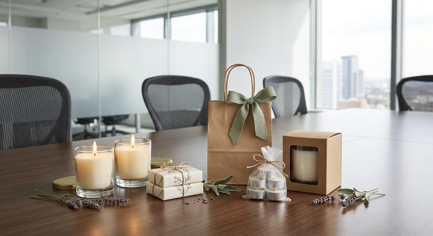 Table decorated with candles, lavender sprigs, gift boxes, and a paper gift bag in a conference room with large windows.