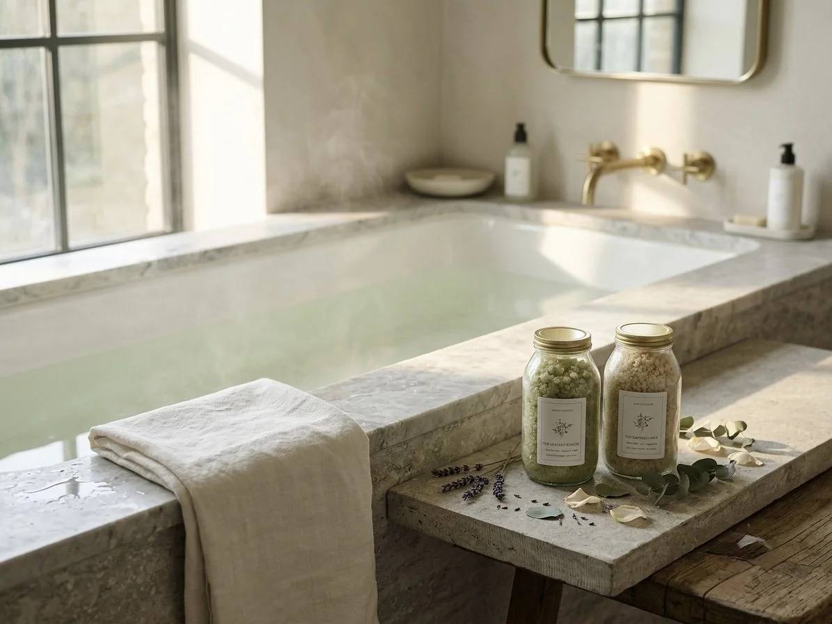 Flat-lay of a rustic wooden table decorated with a floral wreath of purple flowers and green fern leaves, along with small glass bottles of preserved flowers, a mortar and pestle, a teaspoon, and rose petals.