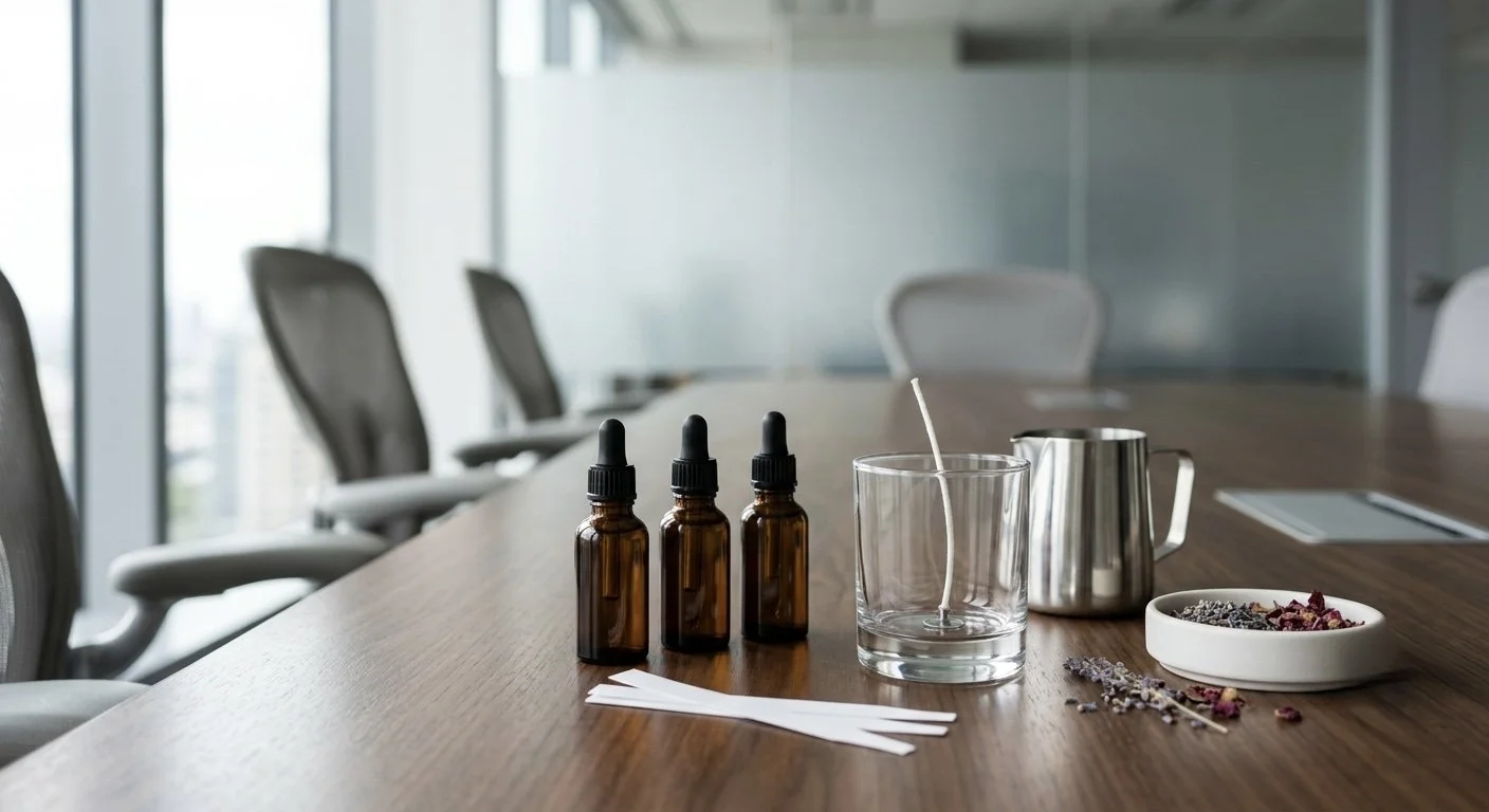 A conference table with three small brown bottles with droppers, a glass with a stirring stick, a metal pitcher, a white bowl of dried flowers and herbs, some loose dried flowers, and white paper strips, in a bright modern office.