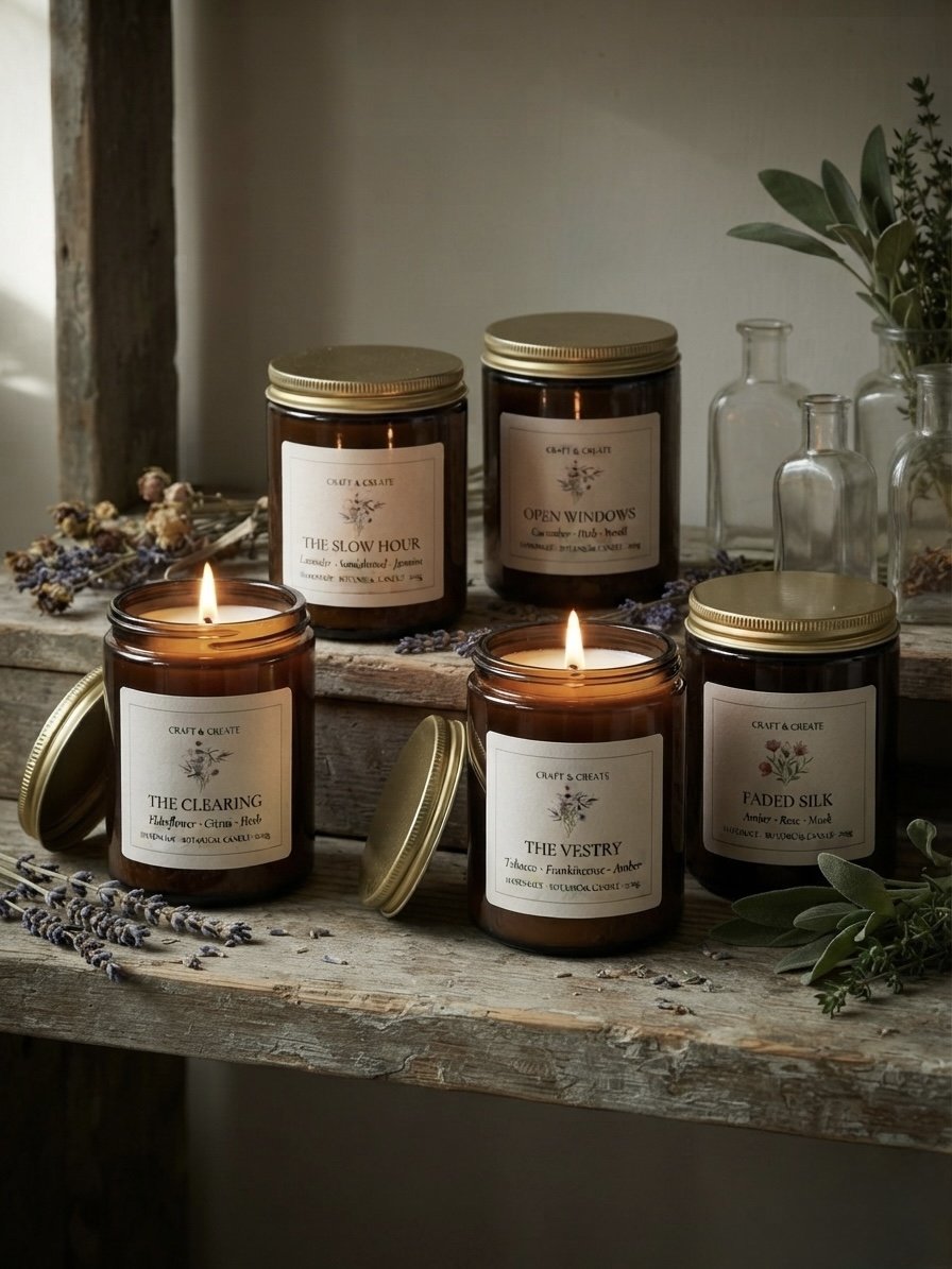 Five lit candles with amber jars and gold lids, labeled with botanical and descriptive names, placed on rustic wooden surface with dried lavender and greenery, in a cozy, vintage setting.
