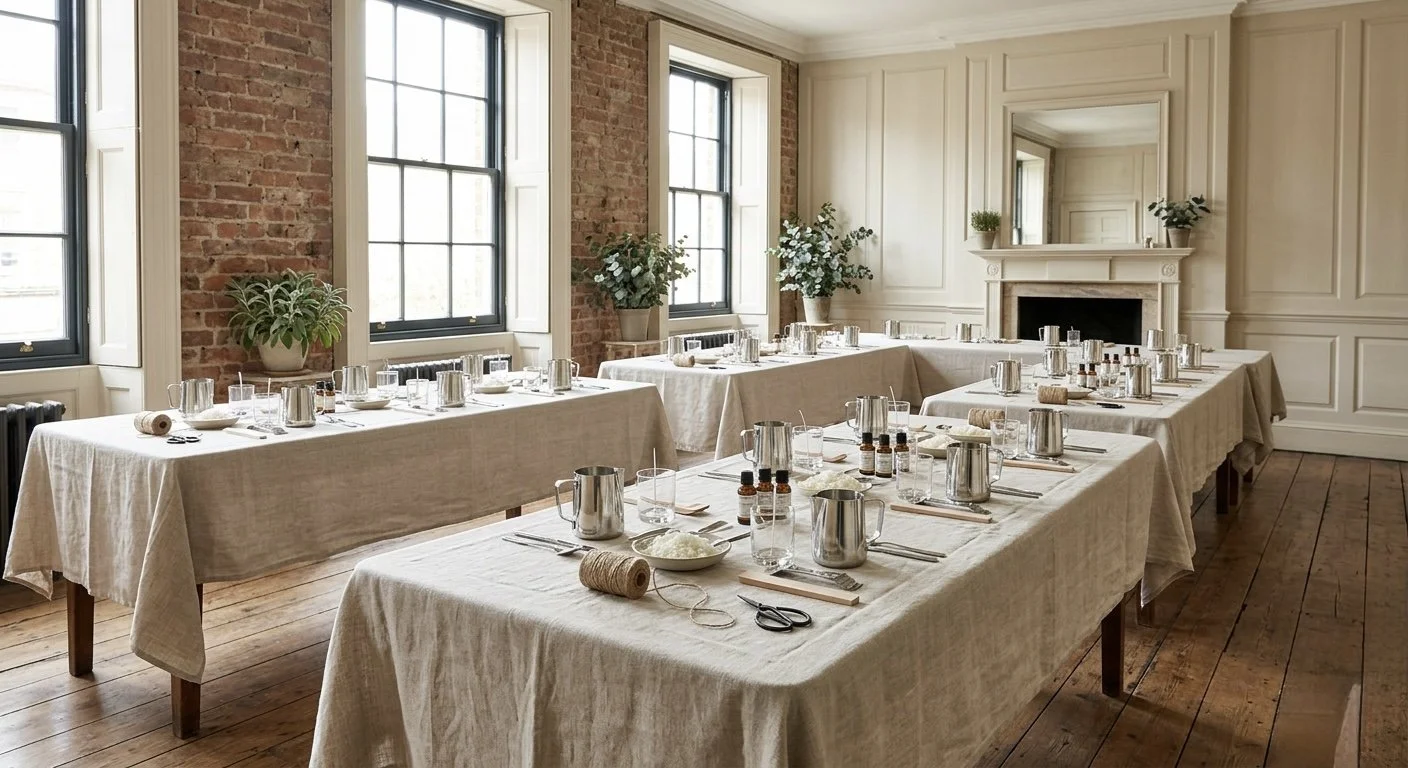 Wedding or event table setup in a bright, elegant room with brick wall accents and large windows, featuring beige tablecloths, glassware, metal cups, small jars of spices or herbs, and other tableware.