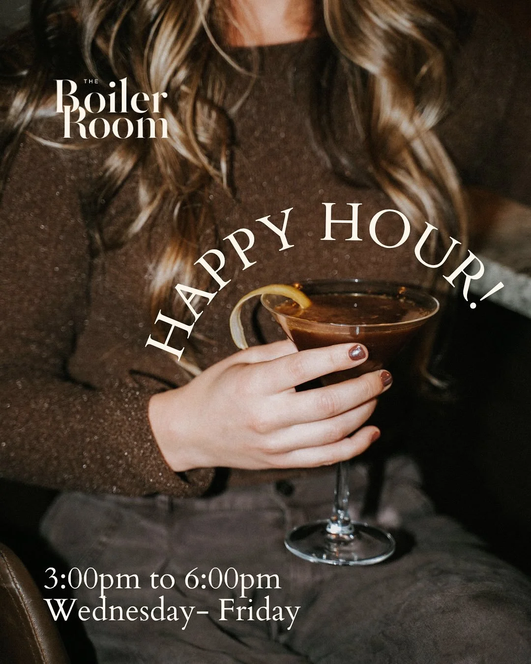 Check out our new offers for Happy Hour! 🍸 Join us at The Boiler Room Wednesday through Friday from 3–6 PM for handcrafted cocktails and delicious bites.