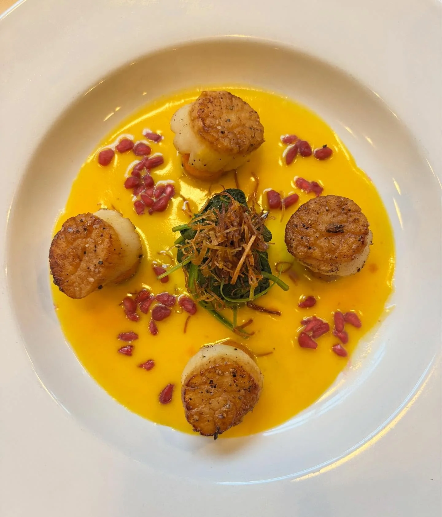 ✨ SEARED SEA SCALLOPS
Perfectly seared and served with sweet potatoes, spinach, crispy leeks, pomegranate, and a saffron-vanilla cream sauce.