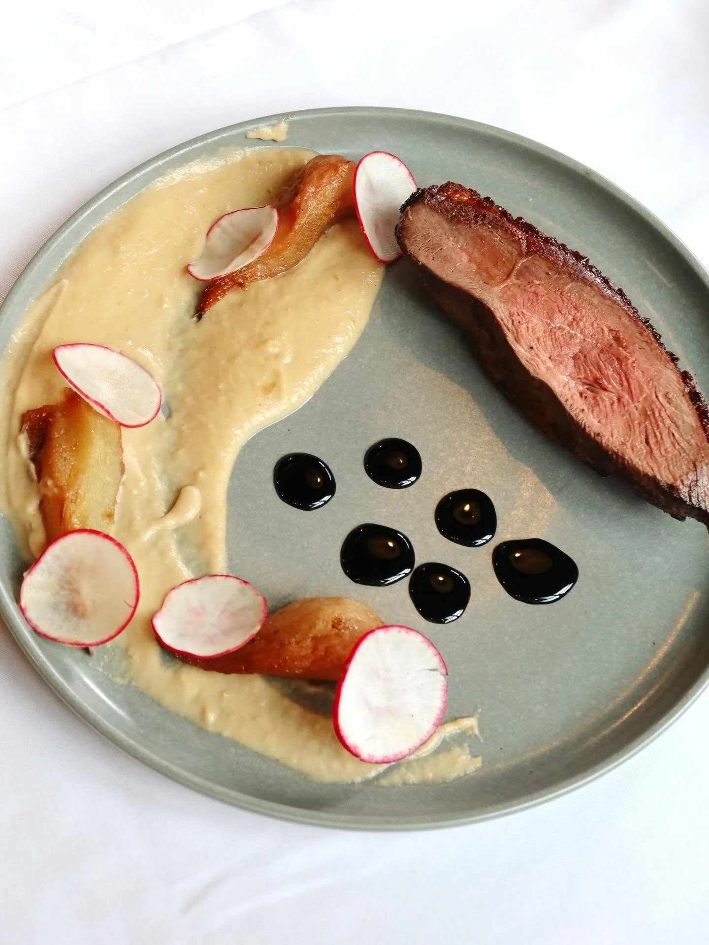 New menu spotlight ✨

Lemon Honey Duck Breast with turnip pur&eacute;e, caramelized pears, radish, and a ginger balsamic reduction. 🍋🫜