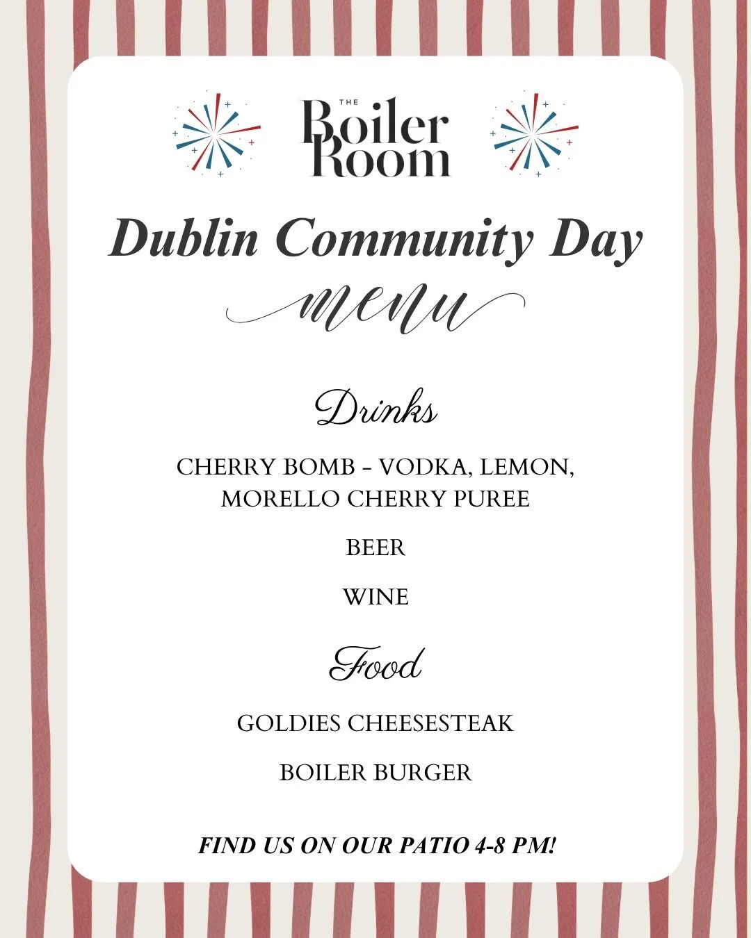 Dublin Community Day is this Saturday! 🍔🍒🍻

Join us on the patio from 4&ndash;8 pm for the Boiler Burger, Goldies Cheesesteak, beer, wine, and our featured Cherry Bomb cocktail.

Good food, great drinks, and a fun evening with the community. See y