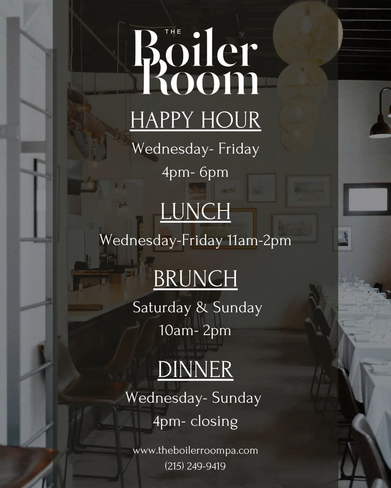 🍽️ Updated Hours at The Boiler Room

Join us for lunch, brunch, or dinner!

Lunch: Wednesday&ndash;Friday | 11 am- 2 pm
Brunch: Saturday &amp; Sunday | 10 am- 2 pm
Dinner: Wednesday&ndash;Sunday | 4 pm &ndash;close

We look forward to serving you so