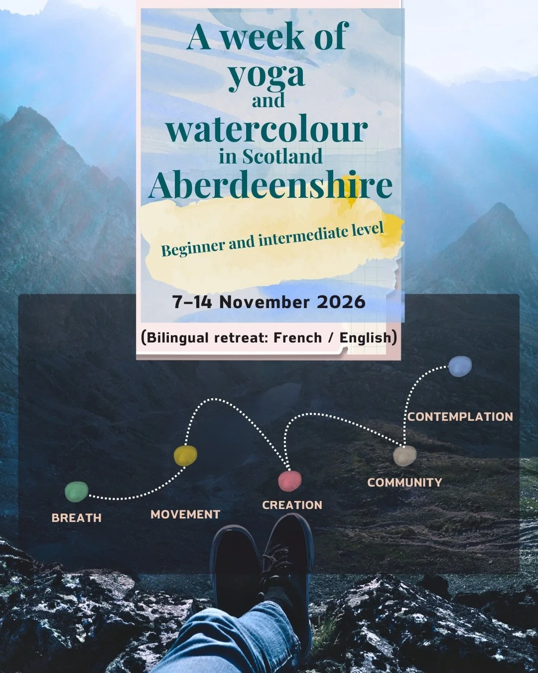 🌿✨ Yoga &amp; Watercolour Retreat in Scotland ✨🌿
🗓 7&ndash;14 November 2026 | 📍 Capo Cottages
🇫🇷 / 🇬🇧 bilingual retreat

A week to slow down, breathe, move and create 🤍
Gentle yoga &amp; somatic movement 🧘&zwj;♀️
Watercolour workshops, guid