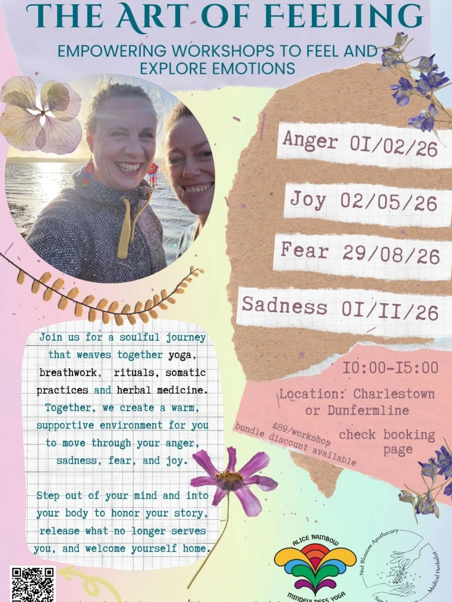 Flyer for The Art of Feeling workshop series by Alice Rainbow Mindfulness Yoga. Four day-long workshops on Anger, Joy, Fear, and Sadness held in Charlestown or Dunfermline throughout 2026. £89 per workshop, bundle discount available.