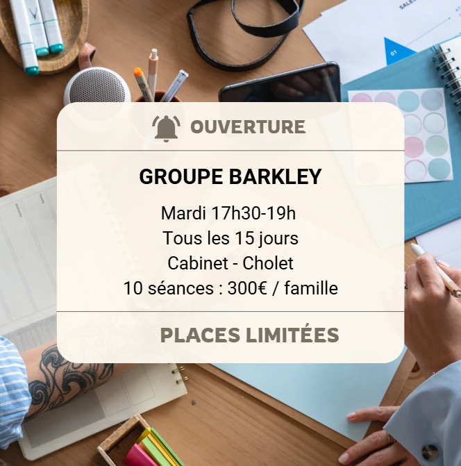 Annonce pour des sessions de groupe de Barkley, avec détails sur le jour, l'horaire, le lieu, le prix et la limite de places, sur un fond de bureau avec des fournitures et des documents.