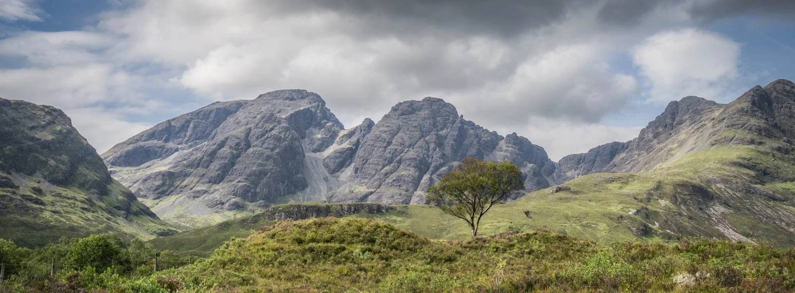 Scenic view of green hills and rugged  Cuillin mountains with a single tree in the foreground under a partly cloudy sky.