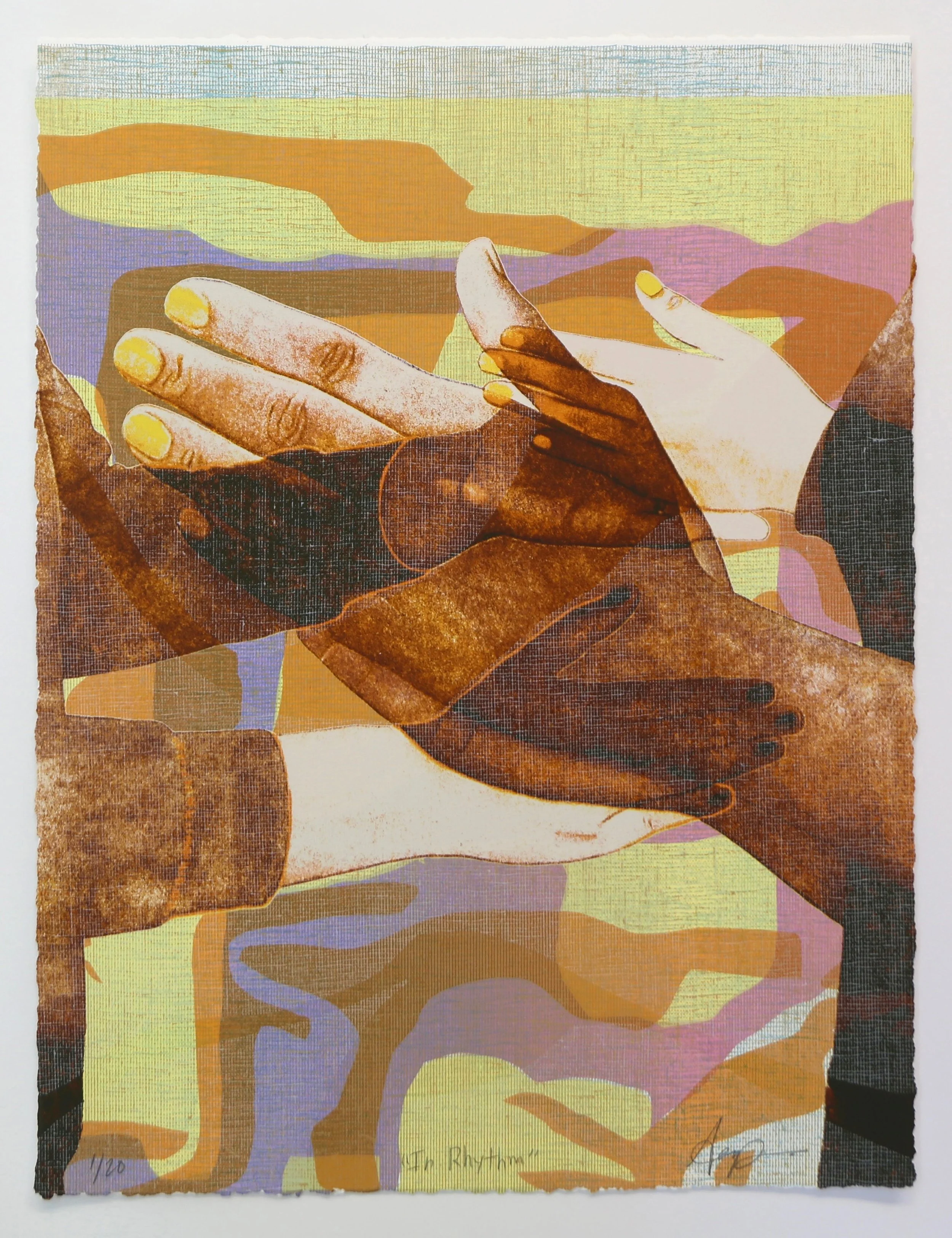 "In Rhythm", 12 in x 16 in, 14 Color Screen print on 320gsm Coventry Rag with Deckled Edge, Variable Edition of 20, 2026.