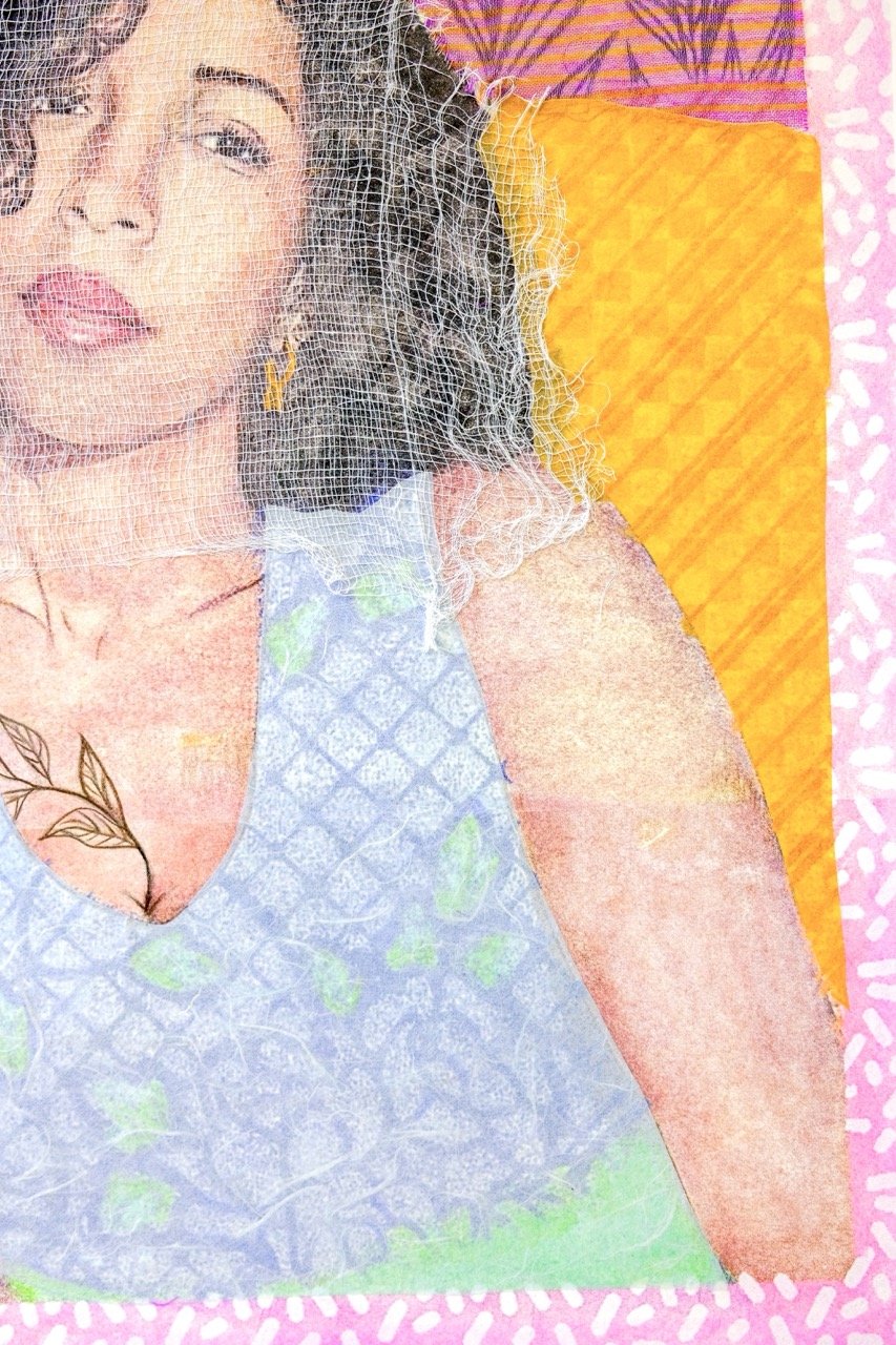 "Aollani", Transfer Print, Mixed Media and Fabric Collage on Paper, 17 1/4 in x 22 3/8 in., 2025 (Closeup)