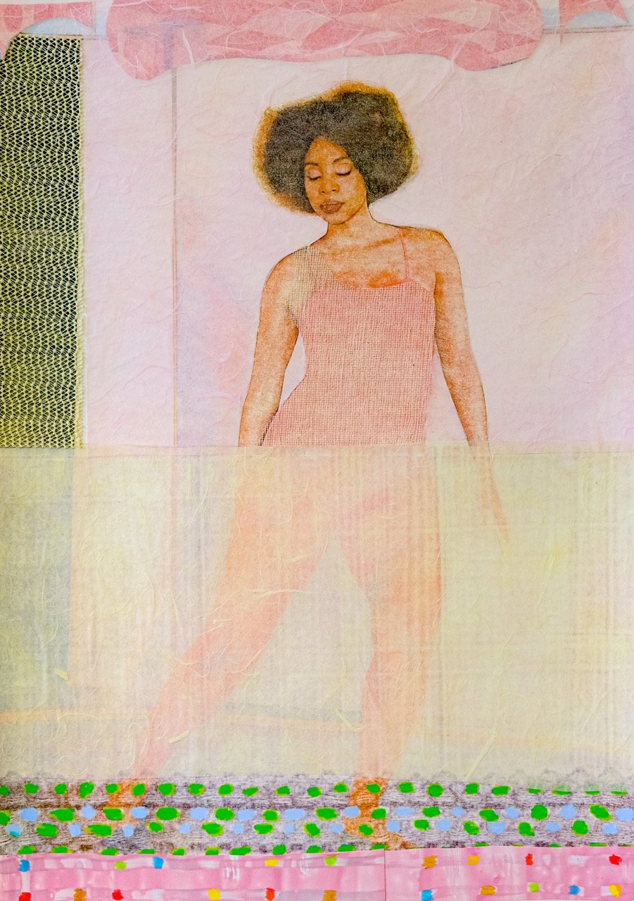 A dance of becoming, Transfer Print, Monotype, bookbinding cloth, textural grip elements, collage on paper, 21.5 in x 15 1/4 in, 2024.