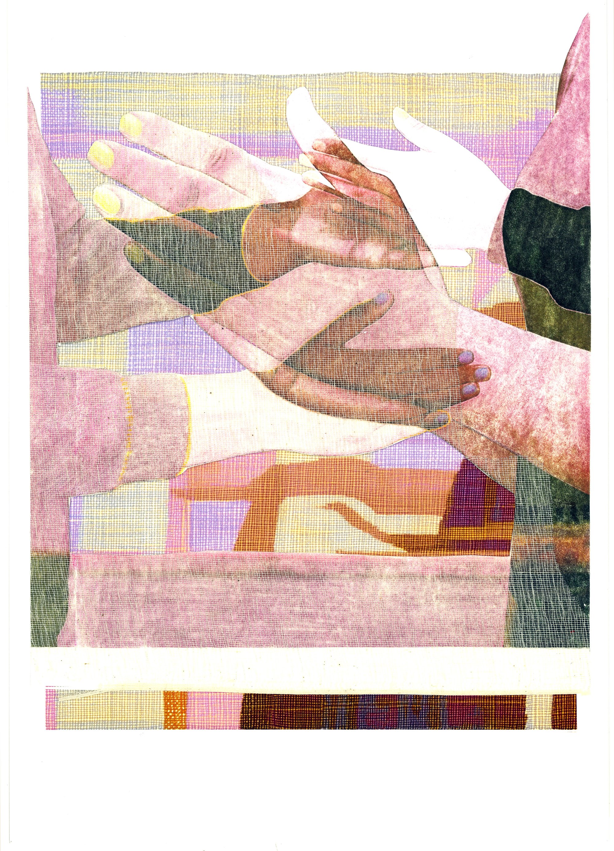 "in rhythm" , Transfer Print, Collage, Colored Pencil, Book Binding Cloth, Fabric Manipulation on paper, 12 in x 18 in, 2024.