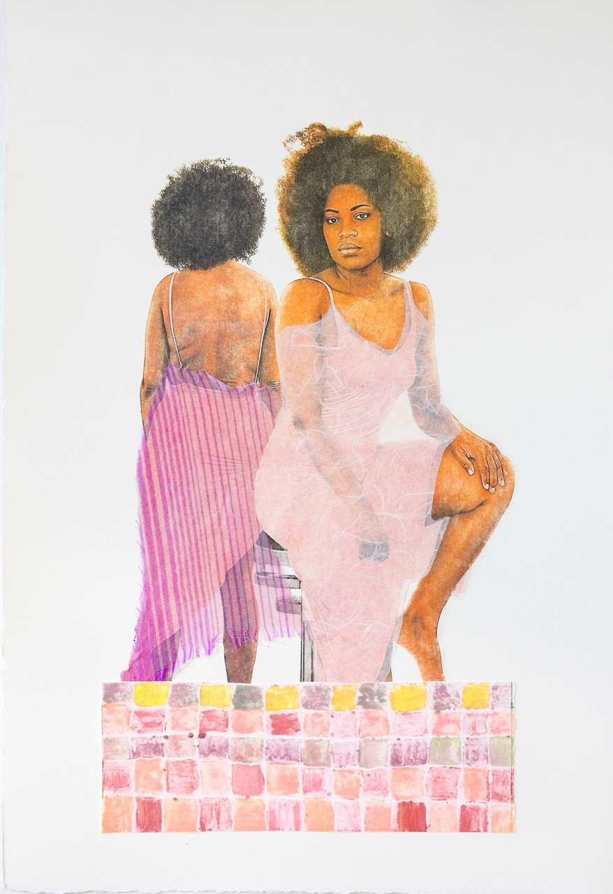 "Seated", Transfer Print, Fabric Manipulation, Jersey Fabric, Monotype, Decorative Paper, Collage on paper. 12 in x 18 in, 2024.