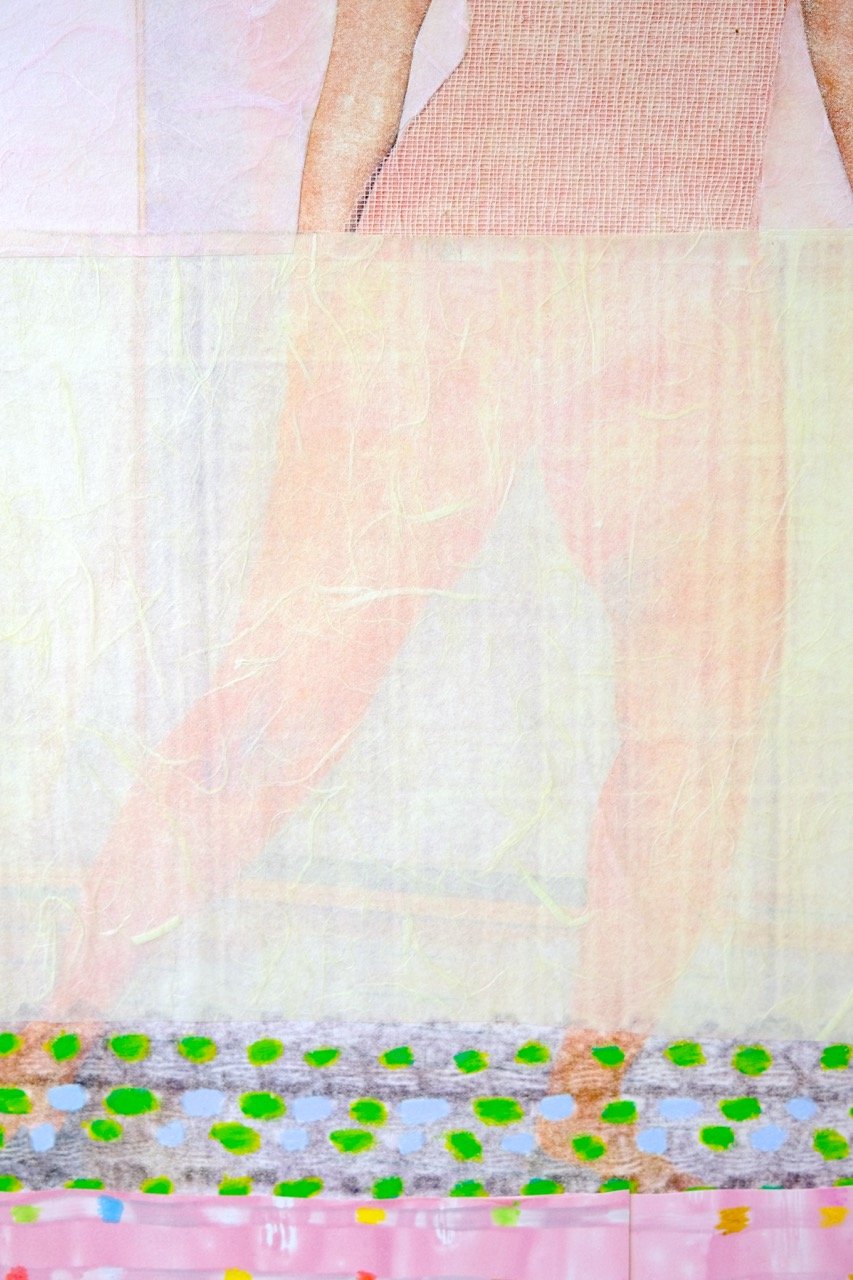 A dance of becoming, Transfer Print, Monotype, bookbinding cloth, textural grip elements, collage on paper, 21.5 in x 15 1/4 in, 2024. (Closeup)
