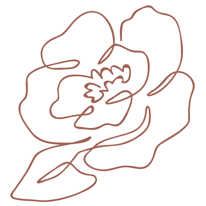 Une illustration d'une fleur stylisée en ligne continue, de couleur marron clair sur fond noir.