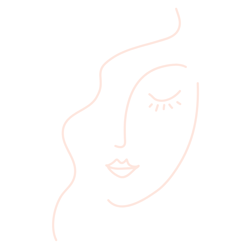 Illustration minimaliste d'un visage de femme esquissé avec des lignes roses sur un fond noir, avec un œil fermé et des lèvres légèrement souriantes.