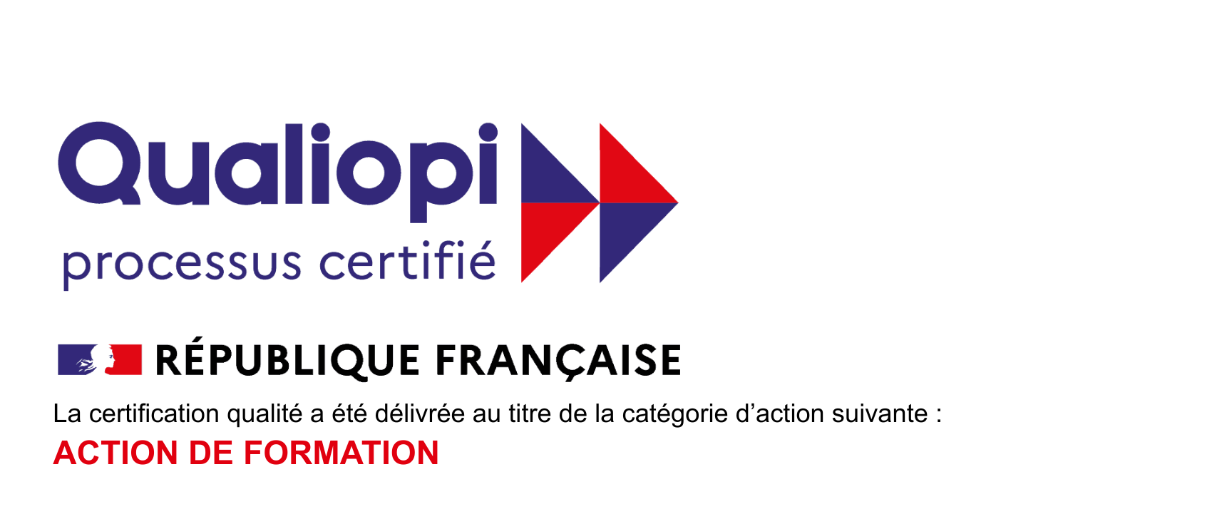 Logo de la certification Qualopi avec le drapeau français et le texte "République Française" et "Action de Formation"