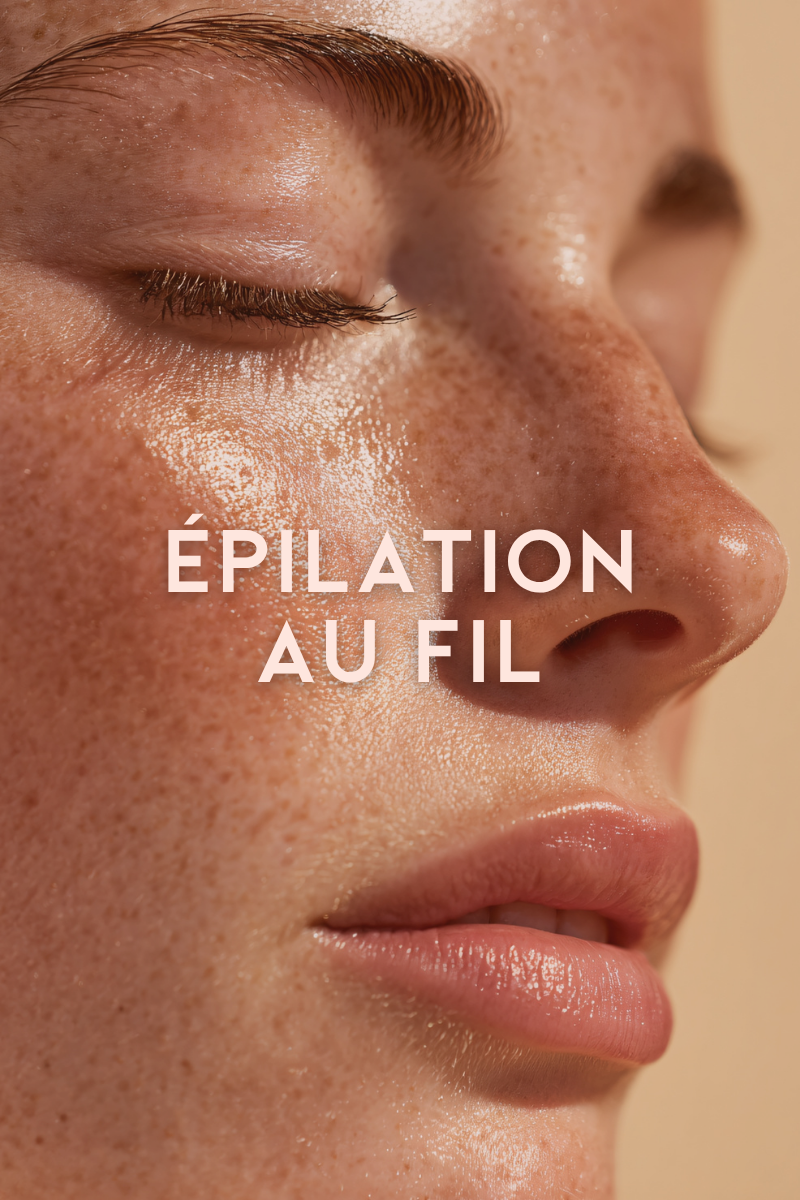 Close-up d'un visage d'une personne aux pores visibles, avec texte indiquant épilation au fil.