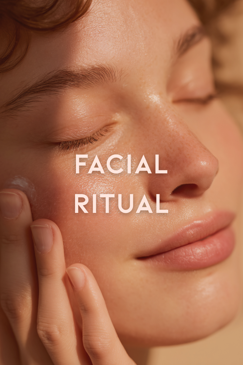 Une jeune femme avec la peau lumineuse et naturelle, appliquant un soin facial, avec le texte 'Rituel Facial'