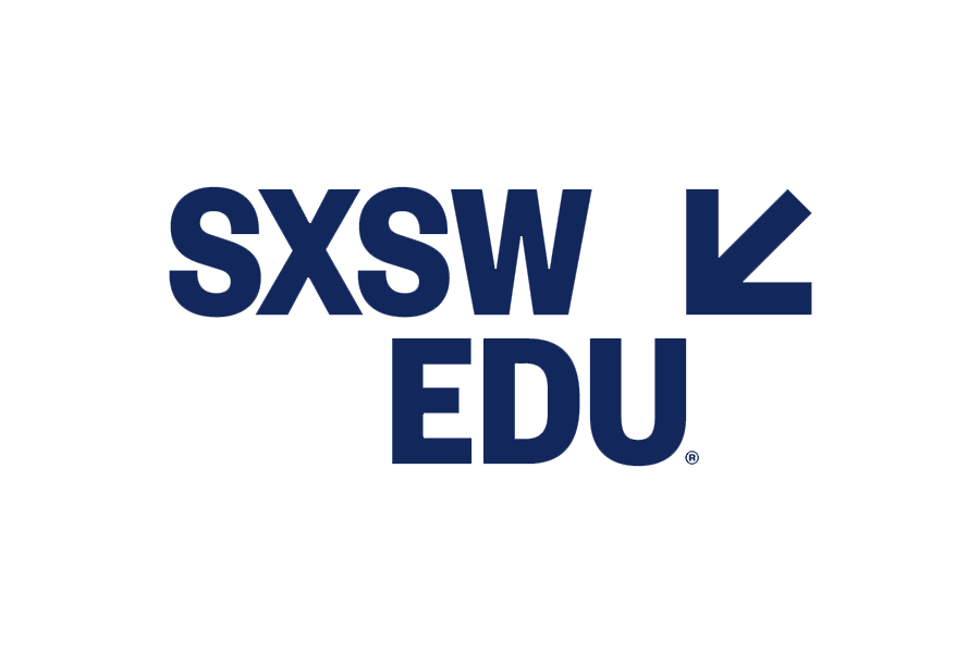 SXSW EDU logo in dark blue text with a downward arrow on a black background.