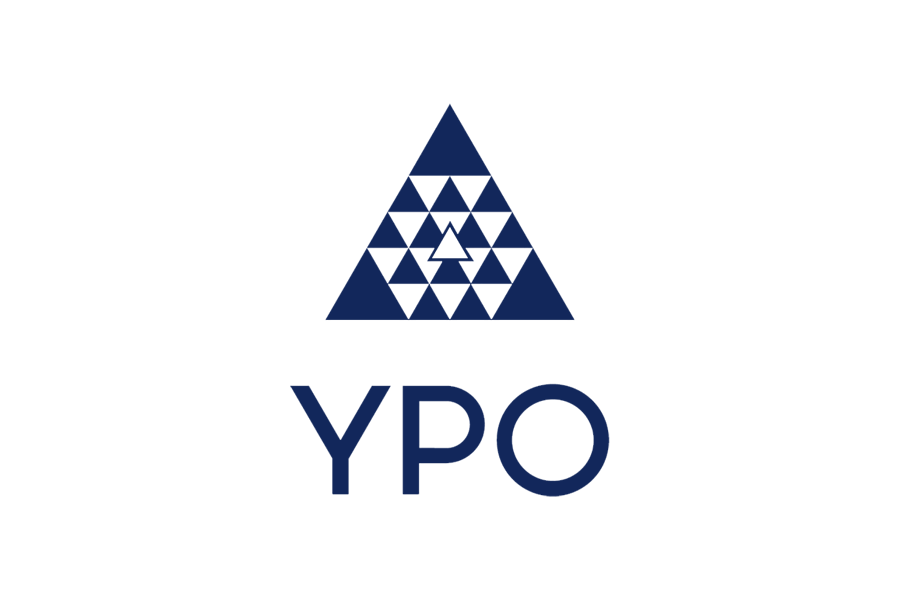 Blue logo featuring a large triangle composed of smaller black triangles, with the letters 'YPO' below.
