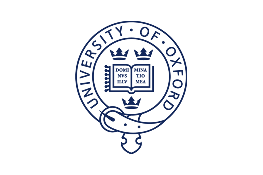 Seal of the University of Oxford with three crowns, an open book, and a circular border with text.