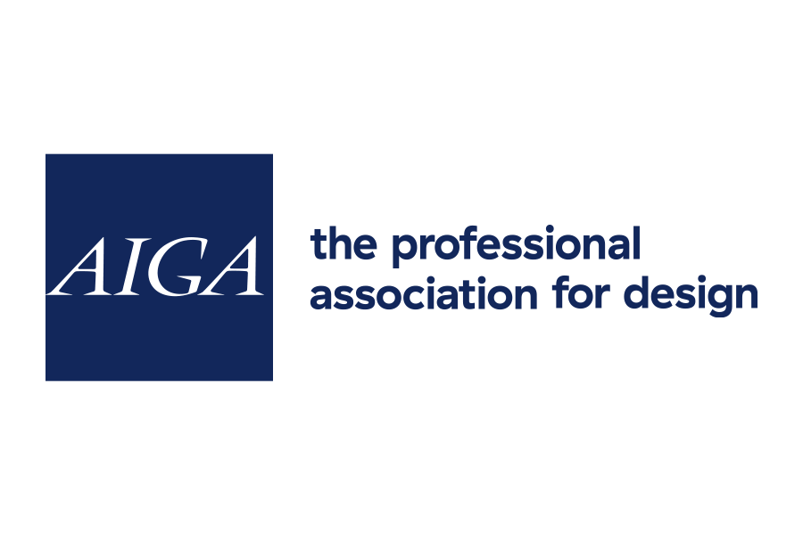 AIGA logo with a blue square on the left and black text reading 'the professional association for design' on the right.