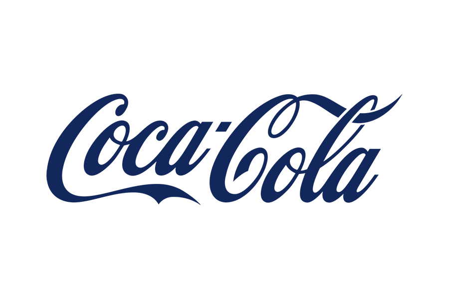 Coca-Cola logo in dark blue script font on a black background.