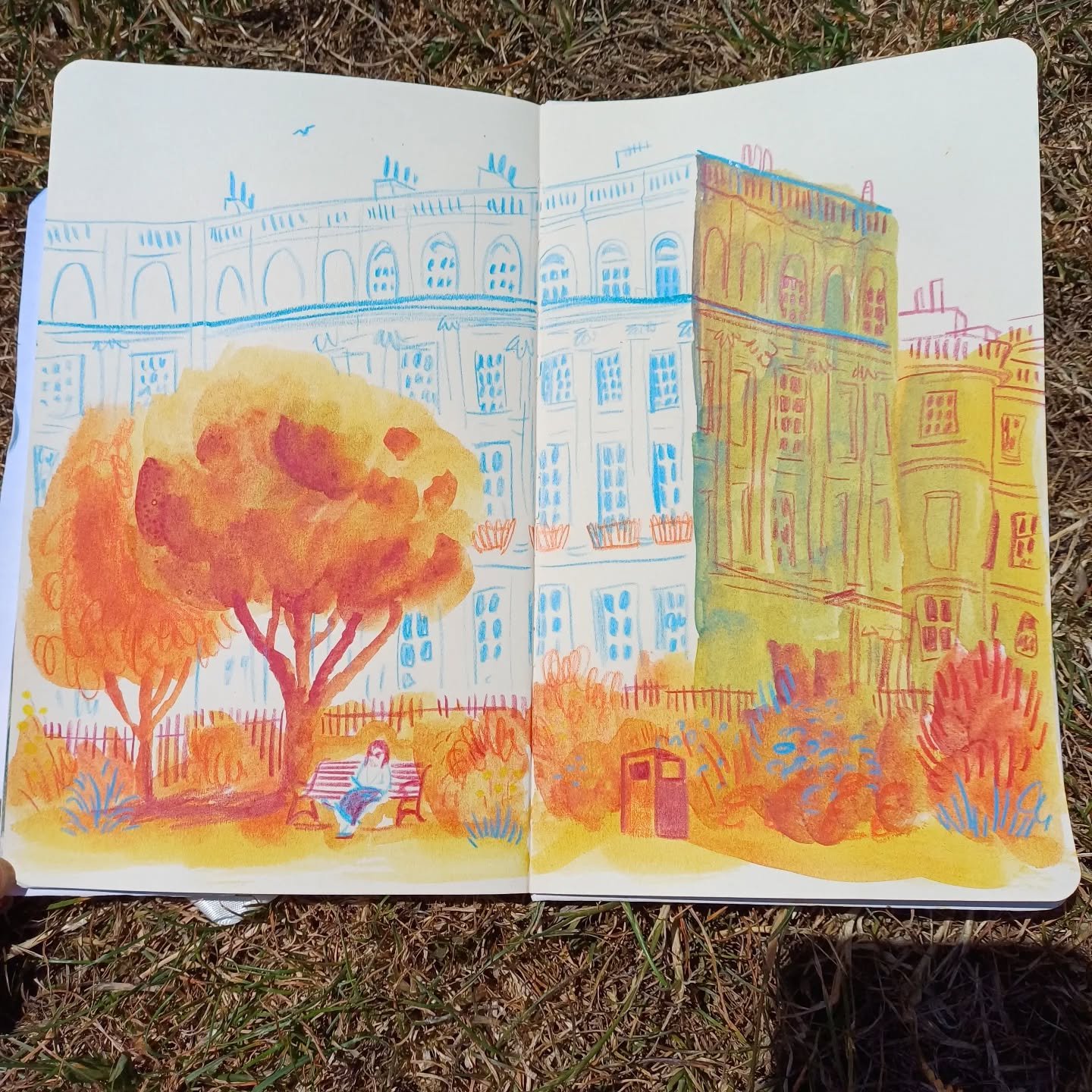 Granted myself two lunch times to draw this one. I surprised myself with how much I enjoyed drawing the building!

They are iconic round these parts, beautiful Georgian townhouses built curving round the park, painted in a particular yellow. Worth se