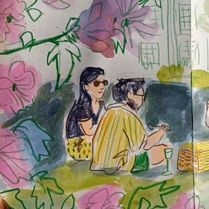 Bit experimental with my lunch break drawing today. The flowers made for a lovely frame and have made the piece quite abstract! Please rest assured that the seagull did successfully steal their strawberries and dragged them across the park. 

I'm dra