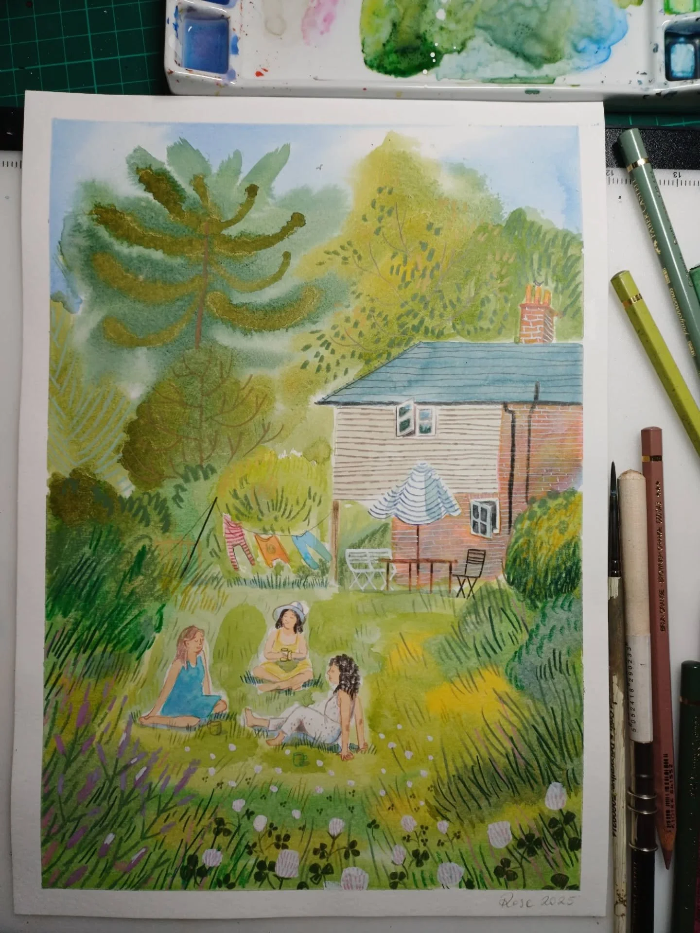 A commission I had for Christmas. What a dream home! I thought these 3 friends were so lucky living here together that I drew some four leaf clovers into the grass. Getting all the leafy grassy textures in was so enjoyable too.

It was perfect to hid