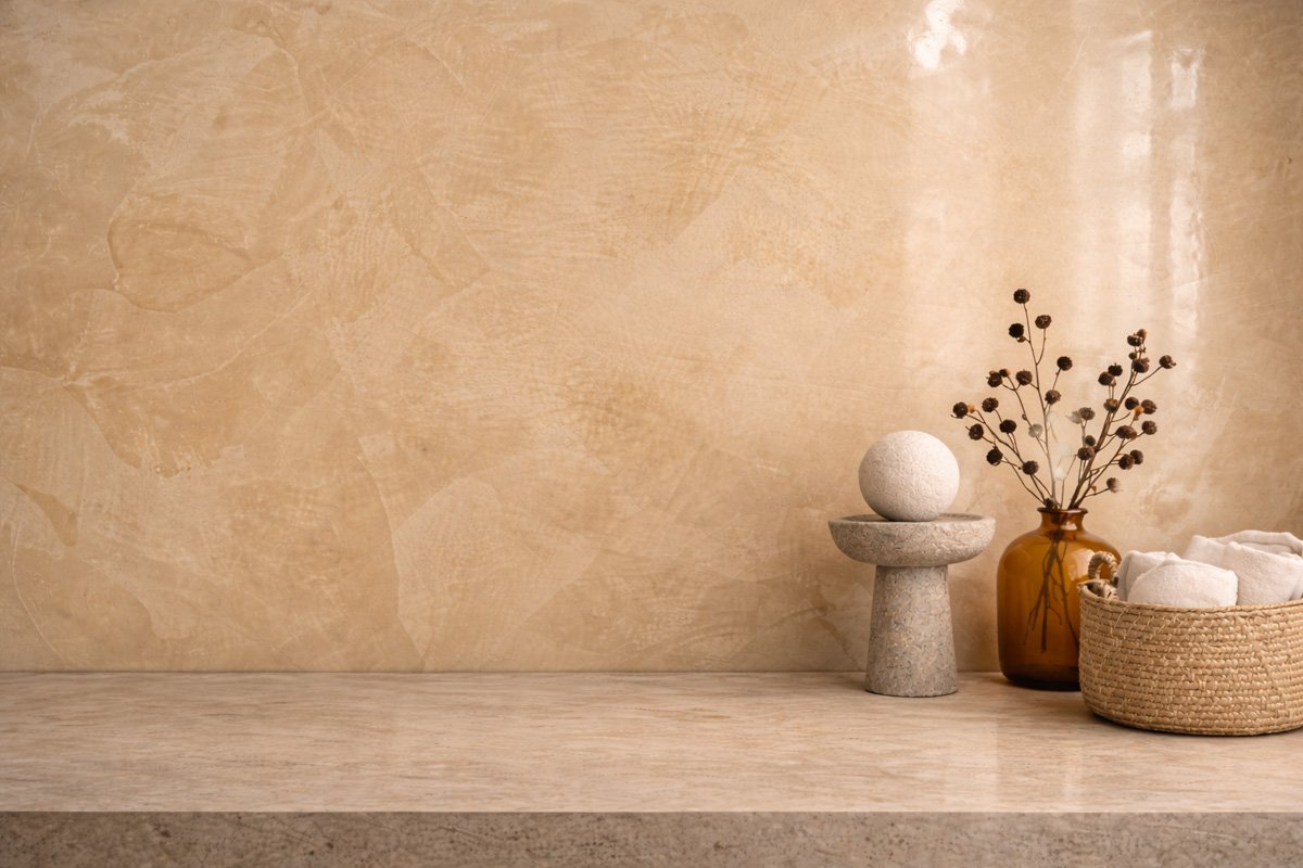Polished Venetian plaster feature wall with mirror-like shine and depth
