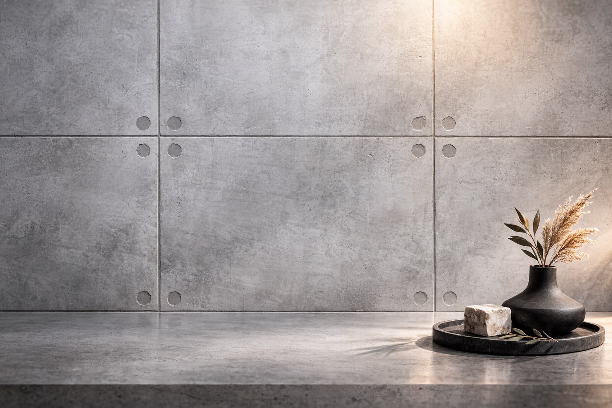 Concrete style Venetian plaster wall finish with smooth gray texture, modern minimalist interior design