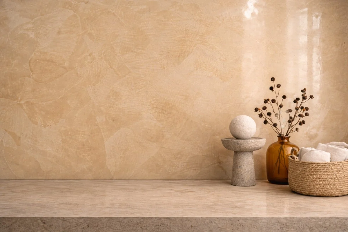 High gloss Italian Venetian plaster finish with polished marble effect, luxury reflective wall surface