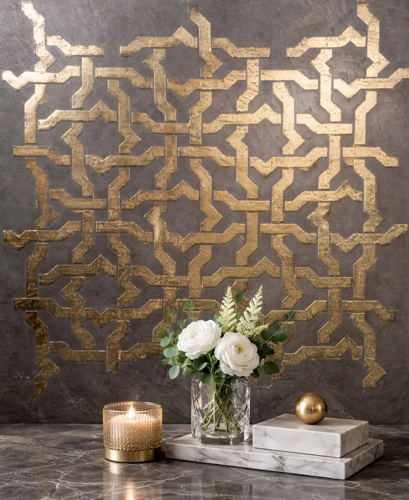 Metallo Fuso wall finish with gold geometric stencil design on dark textured background, luxury decorative plaster