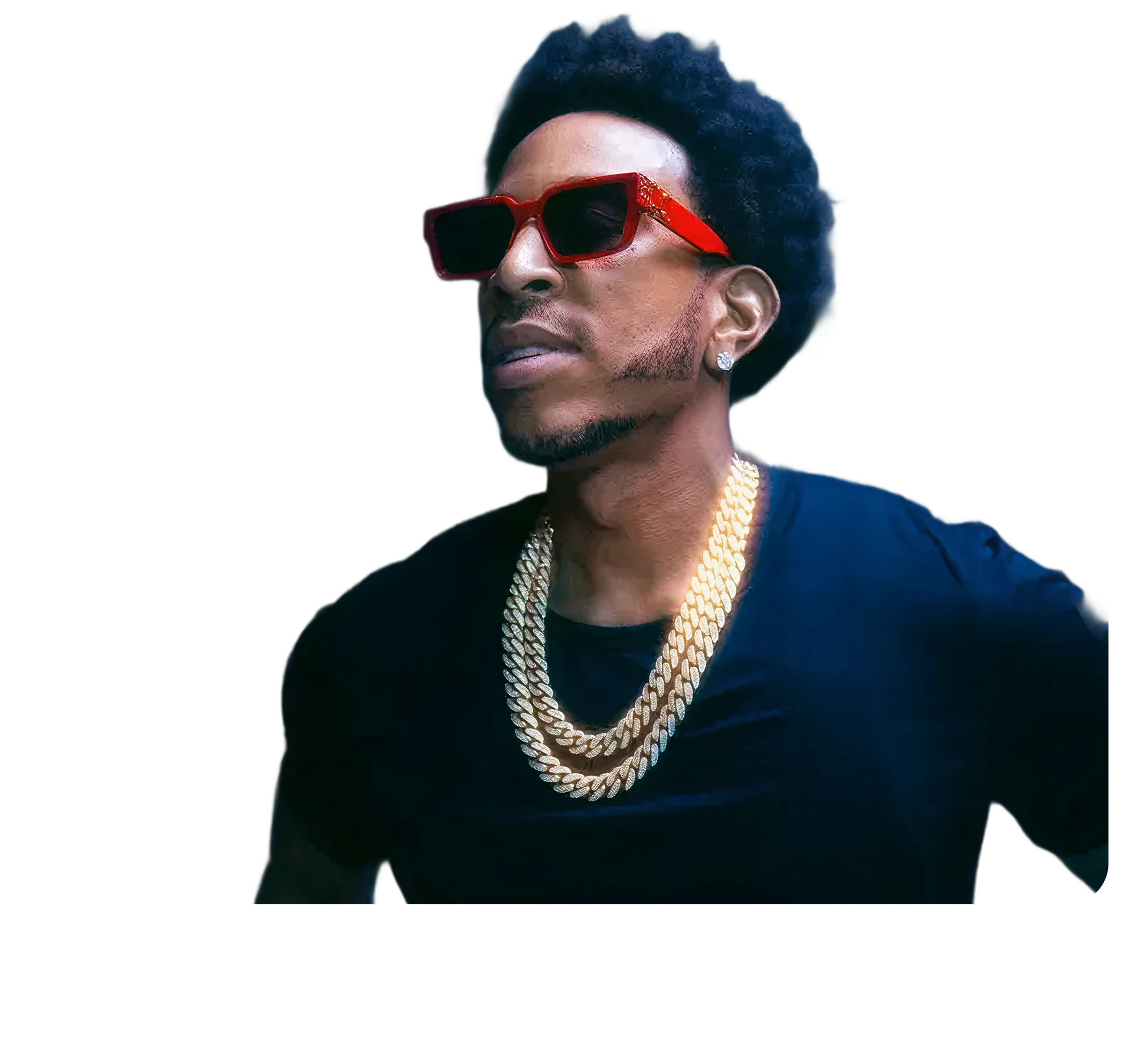 A man wearing red sunglasses, a black shirt, a gold chain, and an earring, with a dark afro hairstyle, posing against a black and white background.